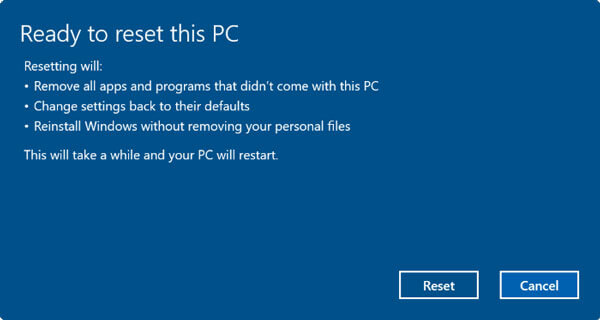 Chọn Reset để tiếp tục